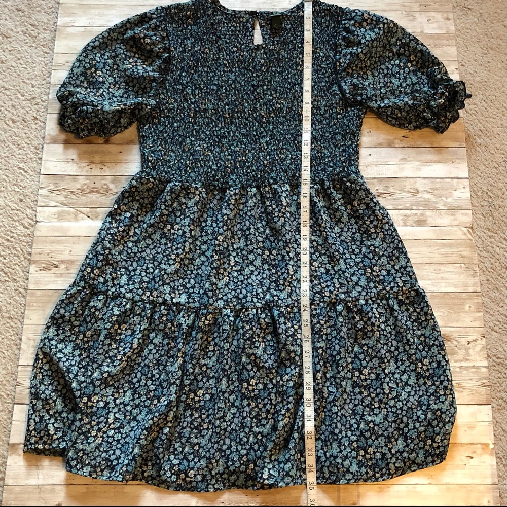 “Wild Fable”, blue floral, smocked bodice, tiered babydoll dress, size M - Picture 12 of 16
